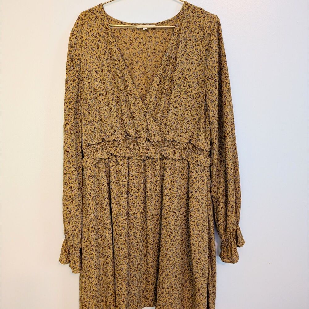 Le Liz Mustard Yellow Floral Long Sleeve Dress Fall Winter Spring Size Large